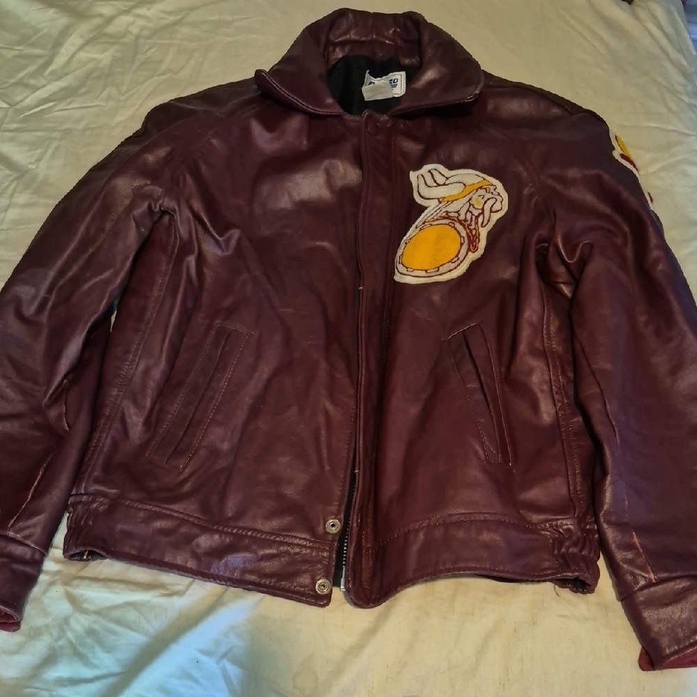 Maroon Leather Baseball Jacket with Embroided Patches